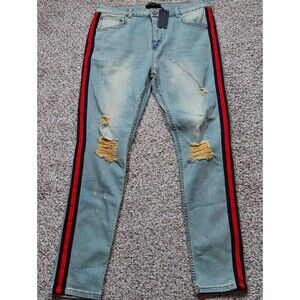 Serenede Men’s 40x32 Light Wash Distressed Slim Straight Leg Jeans Red Stripe